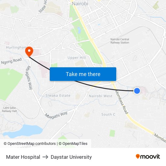 Mater Hospital to Daystar University map