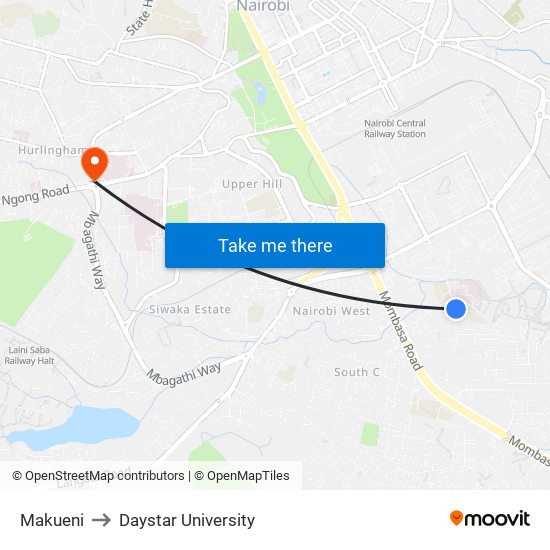 Makueni to Daystar University map