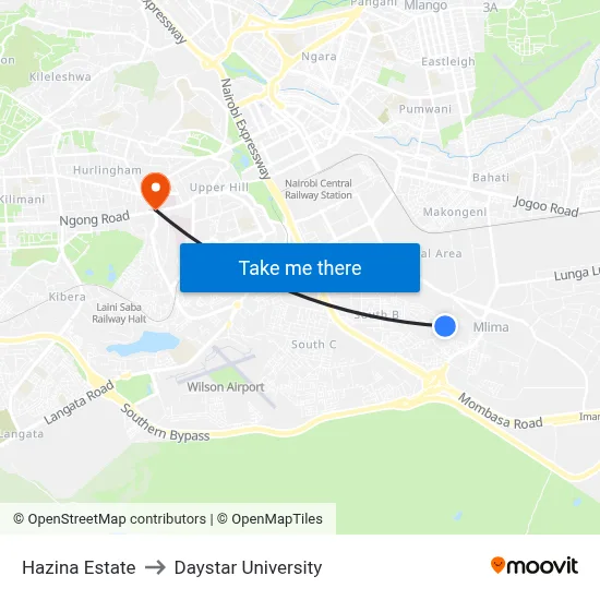 Hazina Estate to Daystar University map
