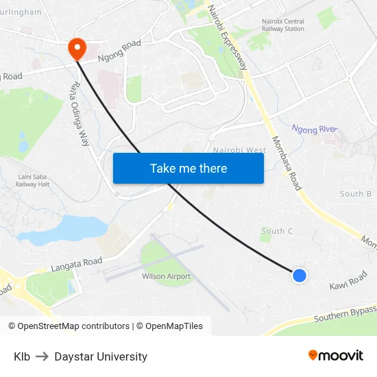 Klb to Daystar University map