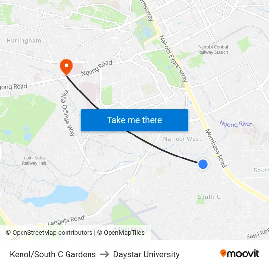 Kenol/South C Gardens to Daystar University map