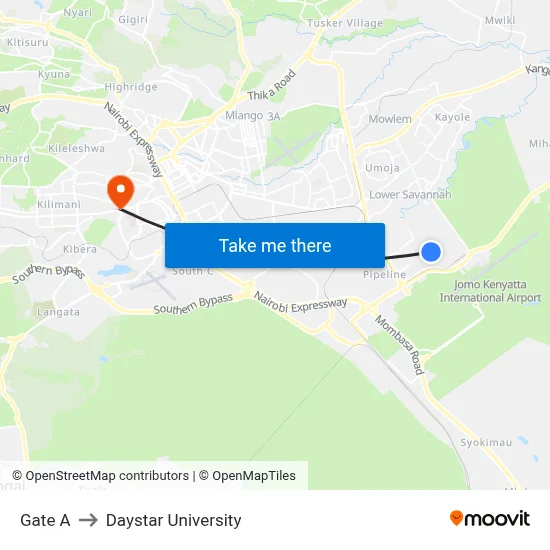 Gate A to Daystar University map