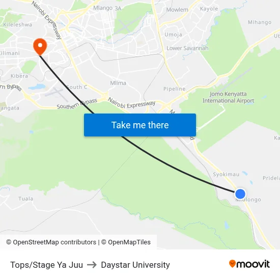 Tops/Stage Ya Juu to Daystar University map