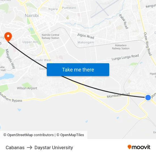 Cabanas to Daystar University map