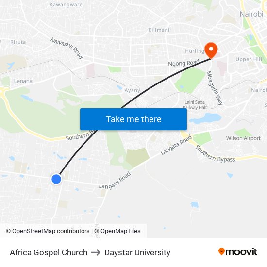 Africa Gospel Church to Daystar University map