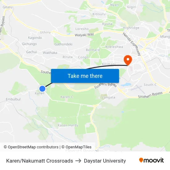 Karen/Nakumatt Crossroads to Daystar University map