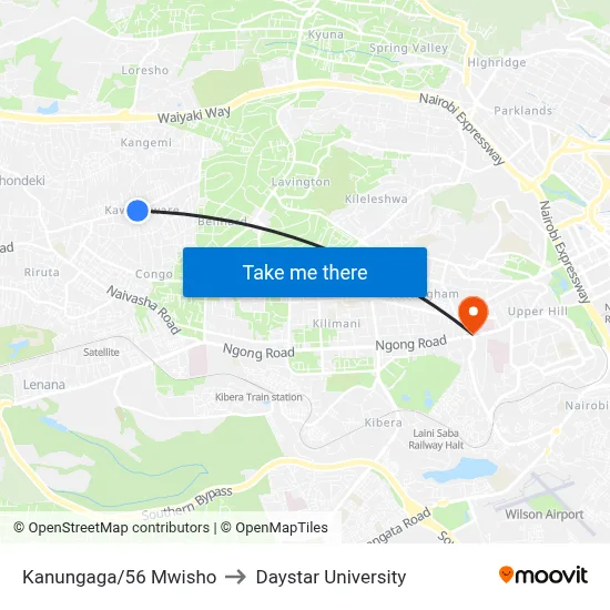 Kanungaga/56 Mwisho to Daystar University map