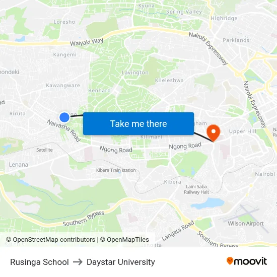 Rusinga School to Daystar University map