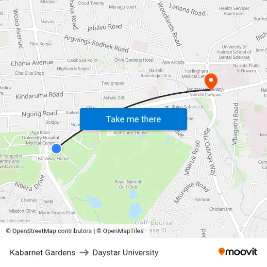 Kabarnet Gardens to Daystar University map