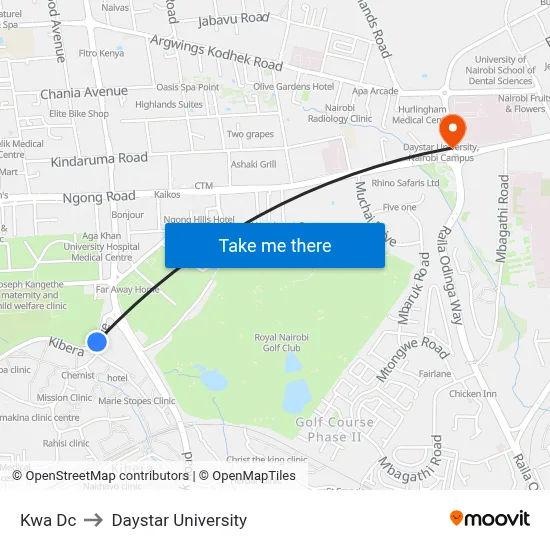Kwa Dc to Daystar University map