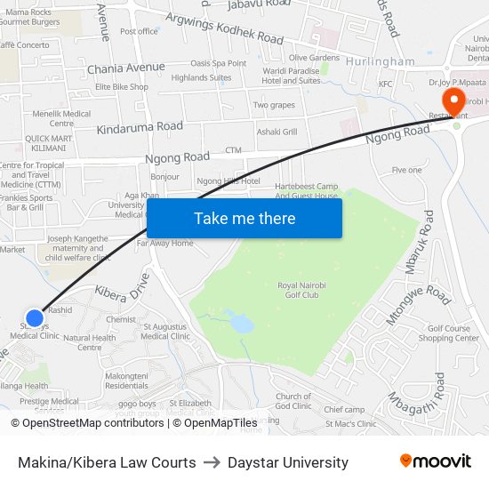 Makina/Kibera Law Courts to Daystar University map