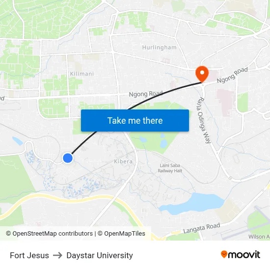 Fort Jesus to Daystar University map