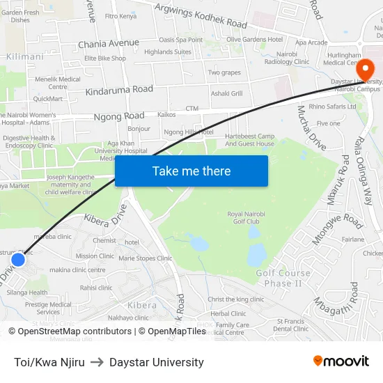 Toi/Kwa Njiru to Daystar University map