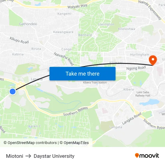 Miotoni to Daystar University map