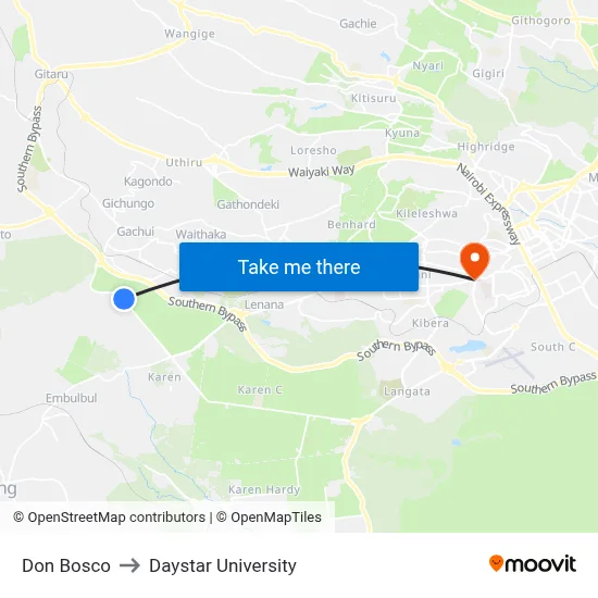 Don Bosco to Daystar University map
