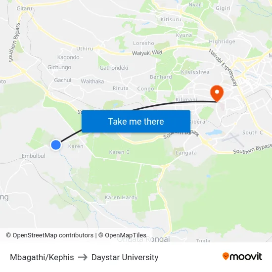 Mbagathi/Kephis to Daystar University map