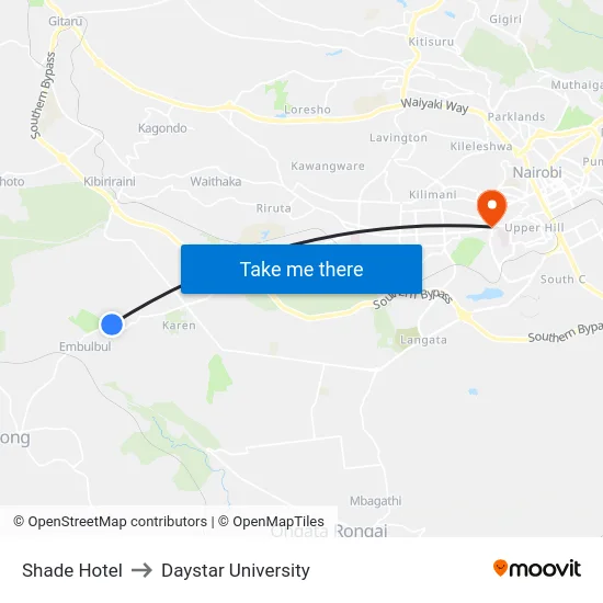 Shade Hotel to Daystar University map