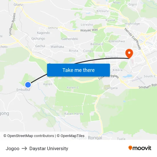 Jogoo to Daystar University map
