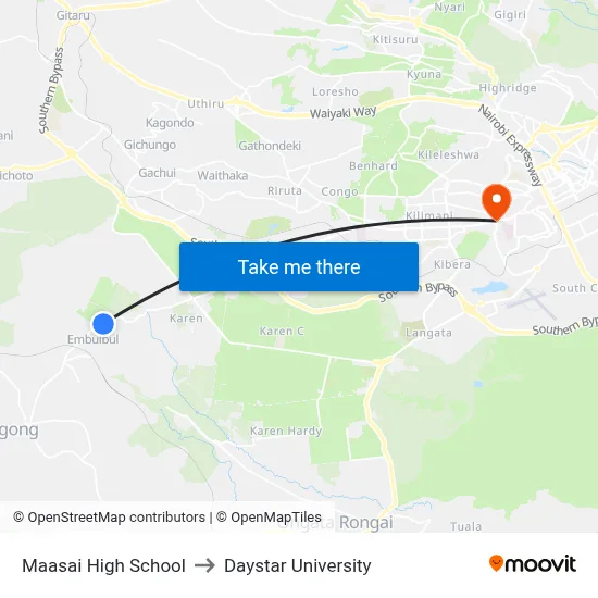 Maasai High School to Daystar University map