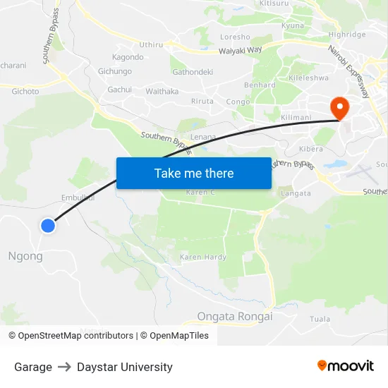 Garage to Daystar University map