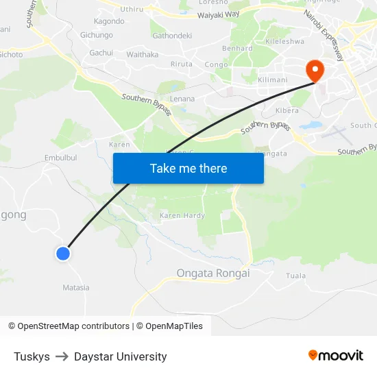 Tuskys to Daystar University map