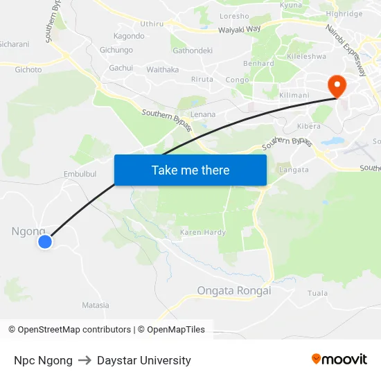 Npc Ngong to Daystar University map