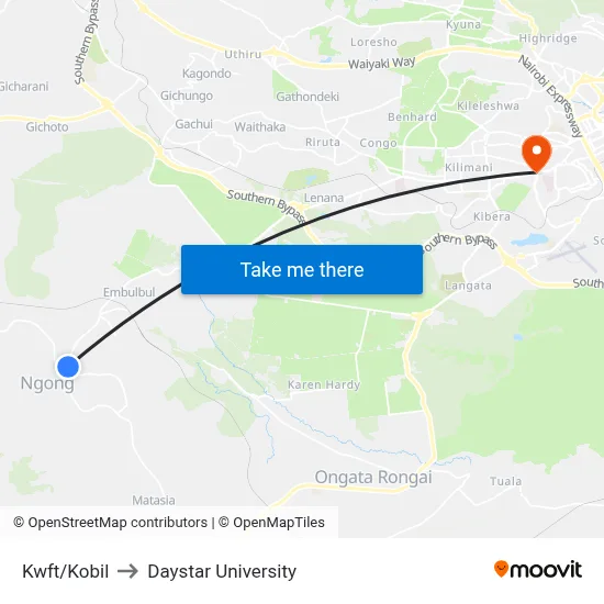 Kwft/Kobil to Daystar University map