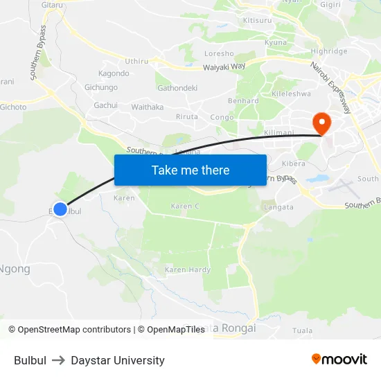 Bulbul to Daystar University map