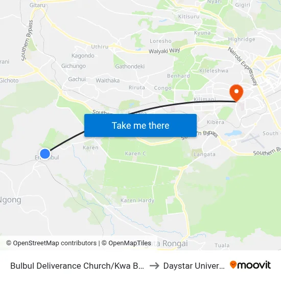 Bulbul Deliverance Church/Kwa Bumps to Daystar University map