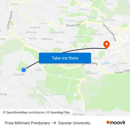 Pcea Milimani Presbytary to Daystar University map