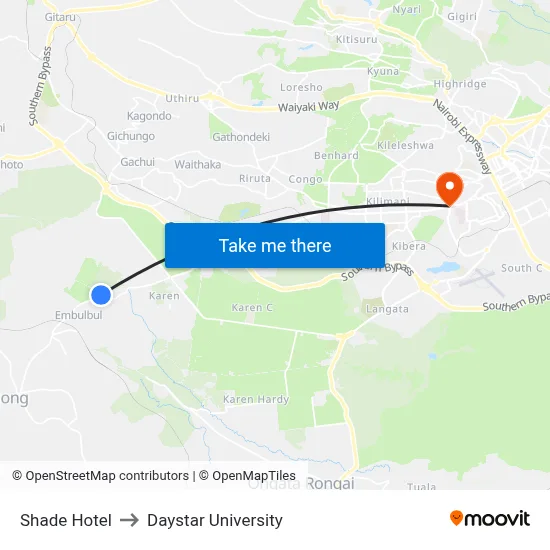 Shade Hotel to Daystar University map
