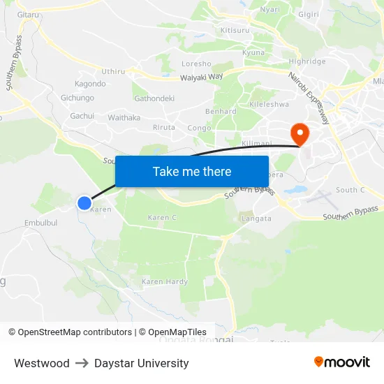 Westwood to Daystar University map