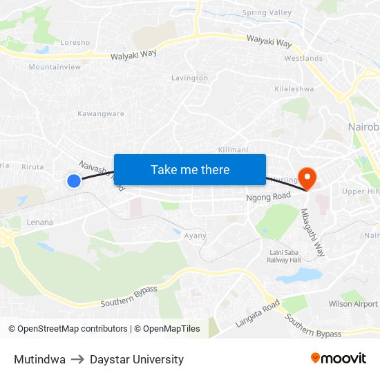 Mutindwa to Daystar University map