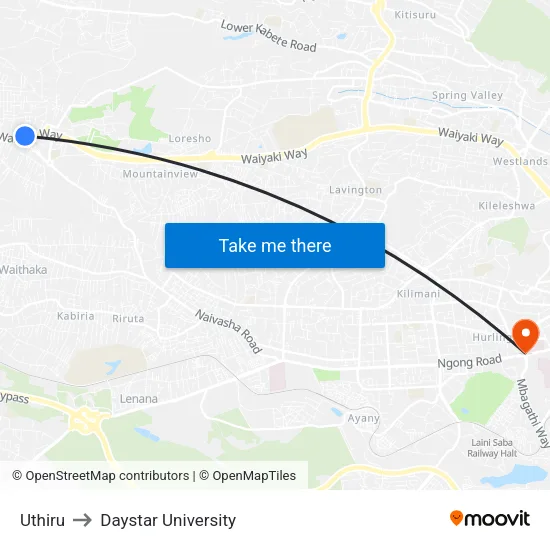 Uthiru to Daystar University map