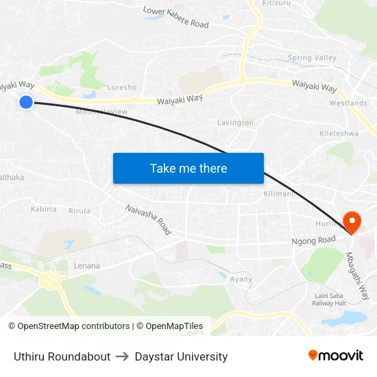 Uthiru Roundabout to Daystar University map
