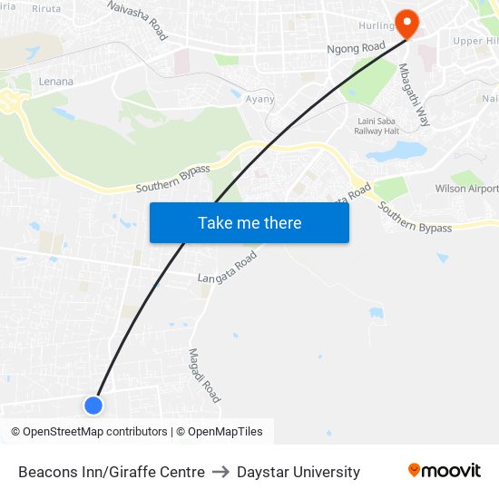 Beacons Inn/Giraffe Centre to Daystar University map