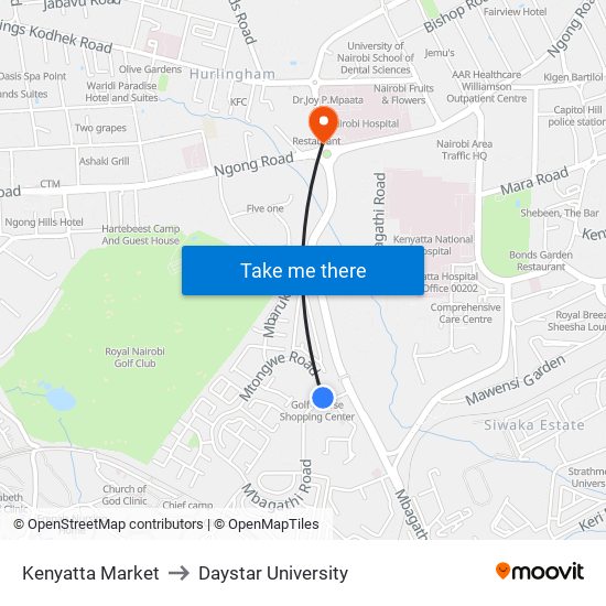 Kenyatta Market to Daystar University map