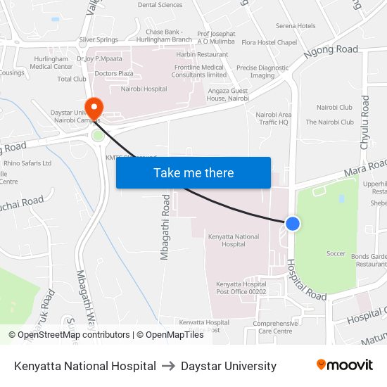 Kenyatta National Hospital to Daystar University map
