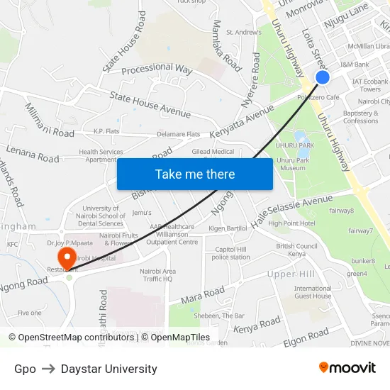 Gpo to Daystar University map