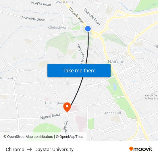 Chiromo to Daystar University map