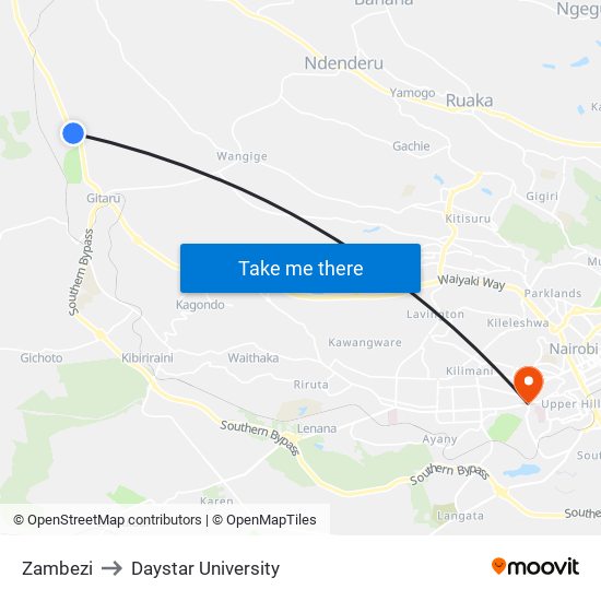 Zambezi to Daystar University map