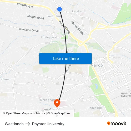 Westlands to Daystar University map