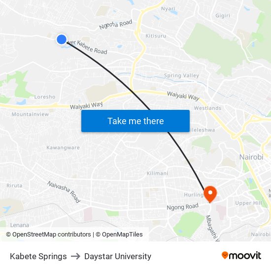 Kabete Springs to Daystar University map