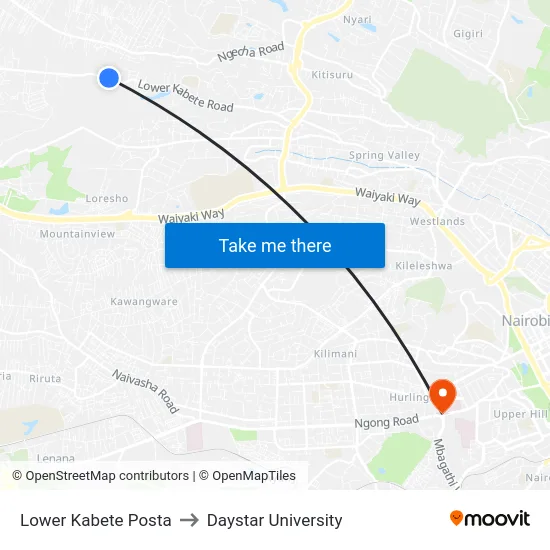 Lower Kabete Posta to Daystar University map