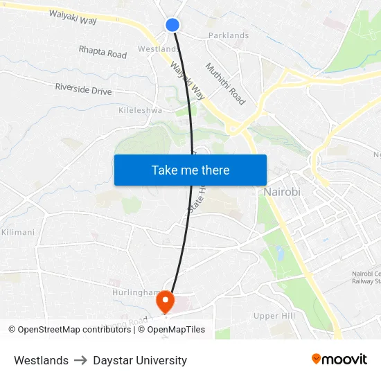 Westlands to Daystar University map