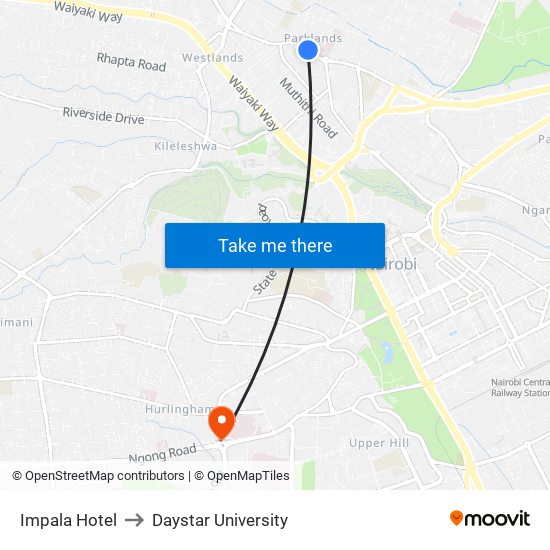 Impala Hotel to Daystar University map