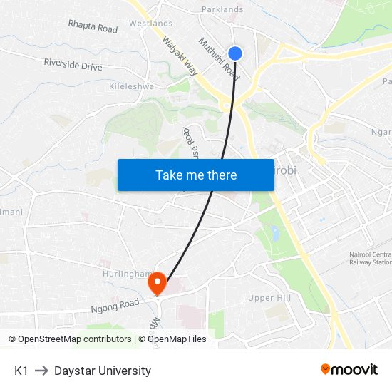 K1 to Daystar University map