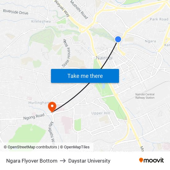 Ngara Flyover Bottom to Daystar University map