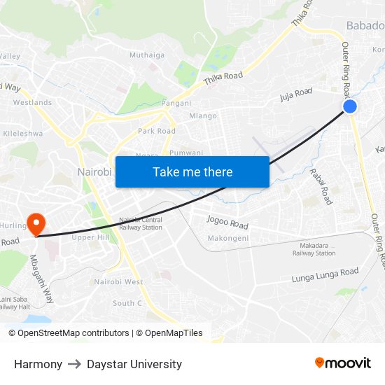 Harmony to Daystar University map
