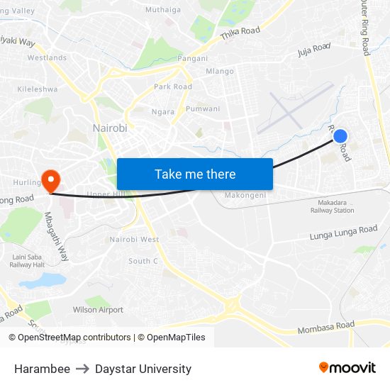 Harambee to Daystar University map